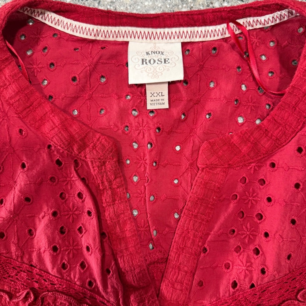 Knox Rose Red Eyelet Lace Yoke Button Front Gauze Blouse XXL Short Sleeve Boho - Picture 3 of 7